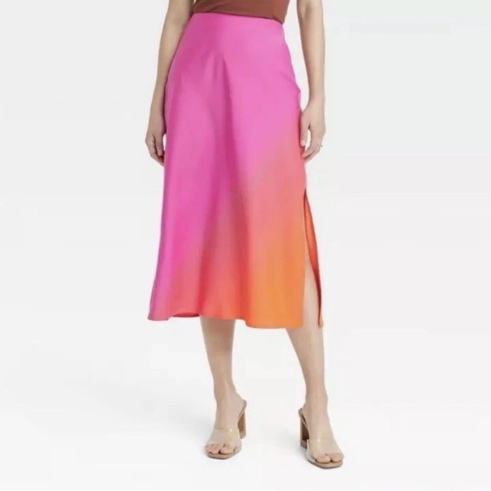 Ombré Elegant Pink and Orange Gradient Midi-Slip Skirt - Picture 2 of 4